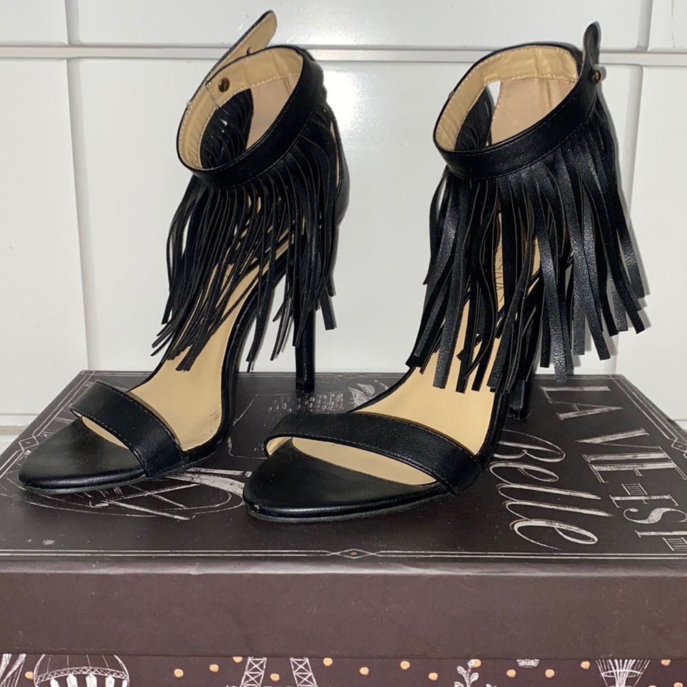 Adriana New York black fringe ankle straps heels